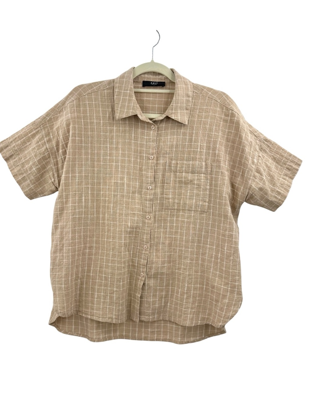 ABLE Beige Windowpane Cotton Button Up Shirt Minimalist Coastal Oversized Top S